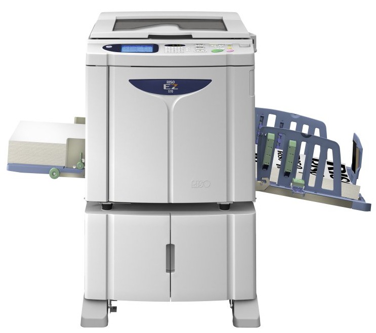 The Riso EZ570 Duplicator has an automatic 50 page original feed, key-card counter, network card, and prints card and envelopes